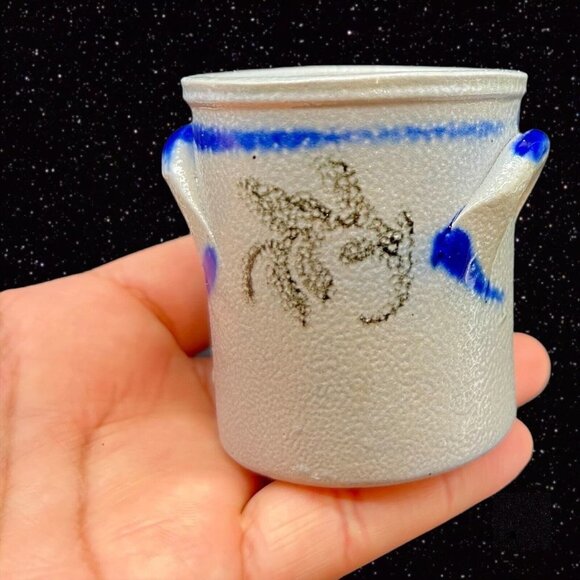 Vintage Salt Glaze Miniature Crock Vase Pottery German Gray Cobalt Blue 2.25”T - Picture 8 of 12